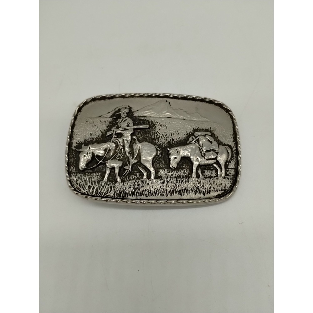 Vintage Western Heritage Co Belt Buckle Pack Trip Pewter W/Mark 3D High Relief